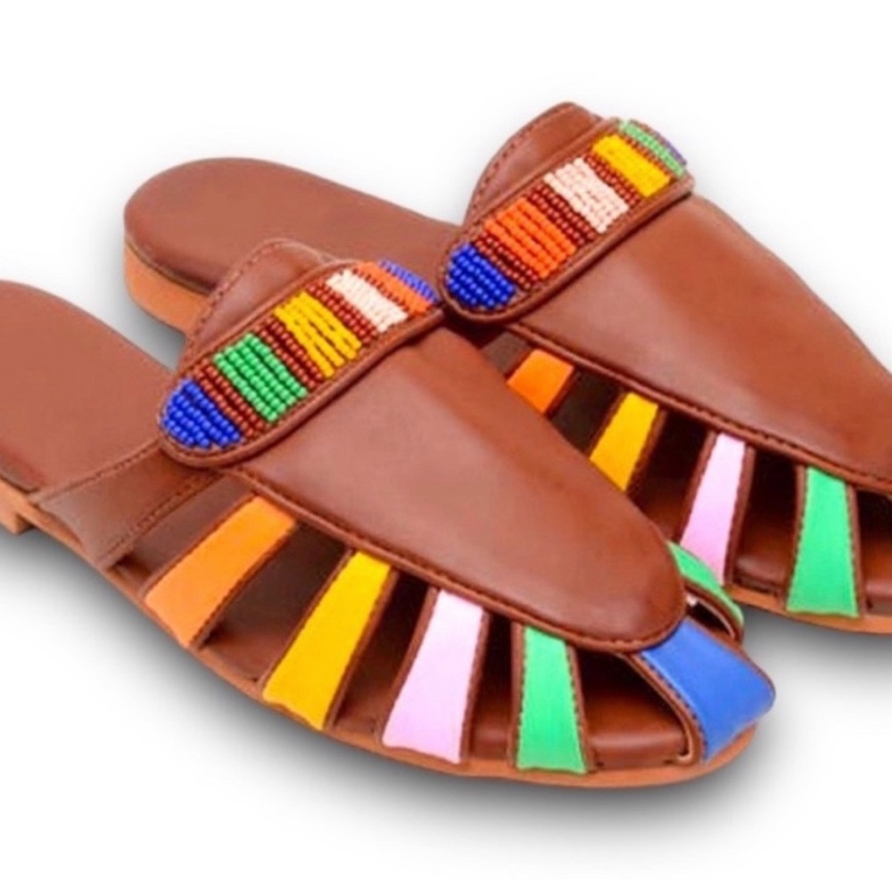 Farm Rio Sandals Mule Rust Rainbow Beaded Size 7.5 - Picture 2 of 12